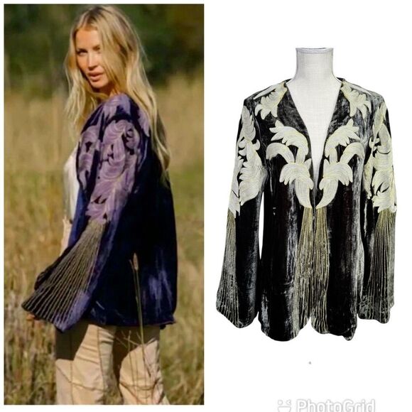 RARE Chasing Unicorns Movin’ Moving On Up Silk Velvet Jacket Olive Green Large - Picture 1 of 14